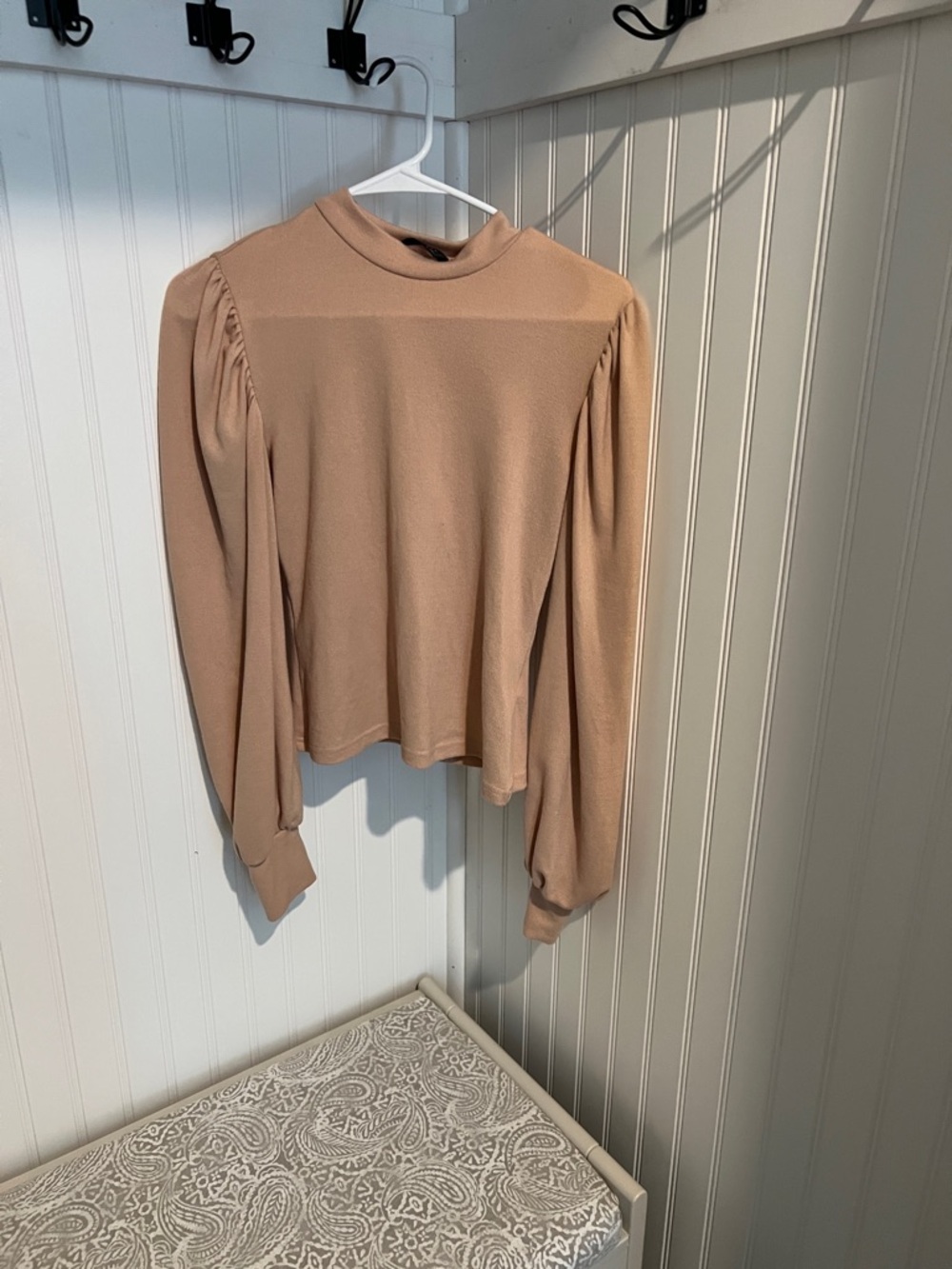 High-Neck Long Sleeve Blouse in Taupe